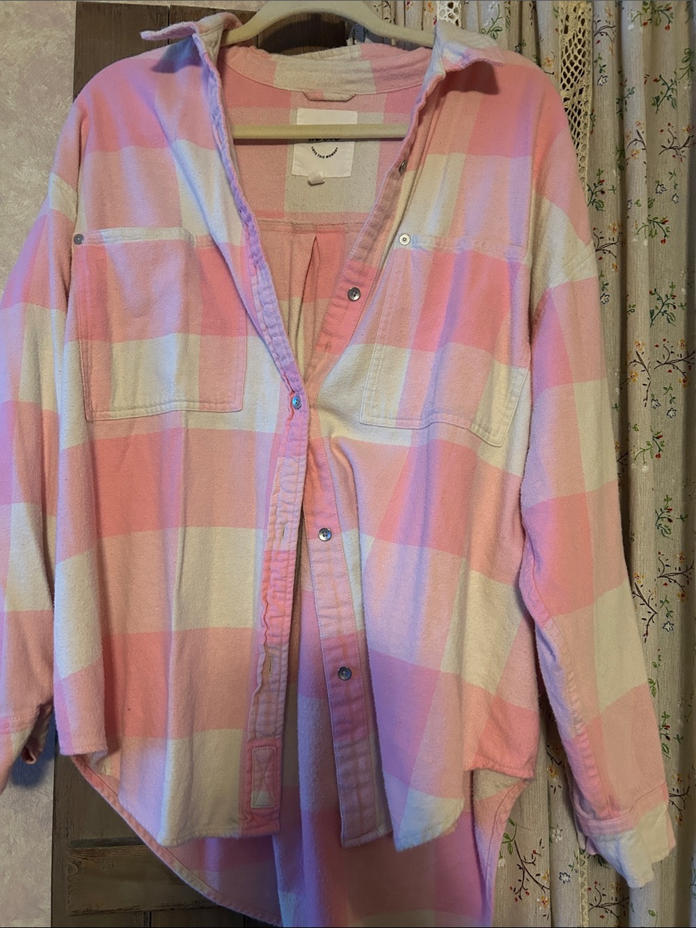 aerie Pink and Cream Button-Down Plaid Shirt